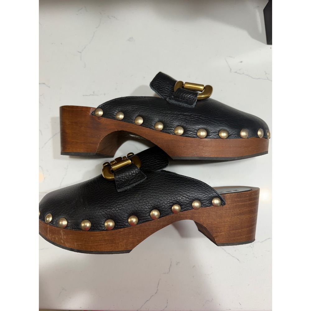 Boden Black Leather Iris Clogs Wooden Platform Studded Brass Mules Spain Size 38 - Picture 2 of 6